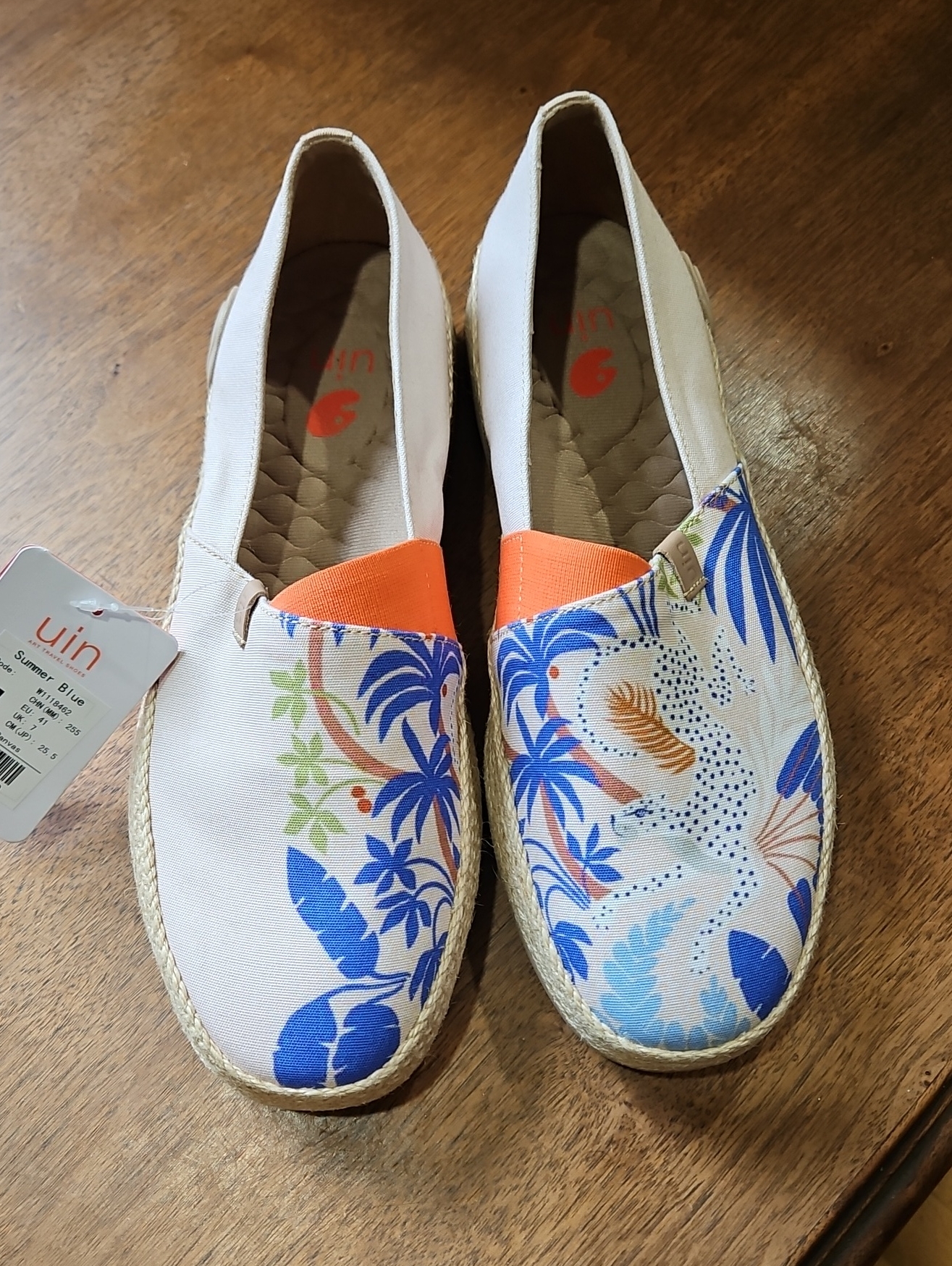 Uin Women's White Canvas Espadrilles With Blue Tropical Print & Orange Accents